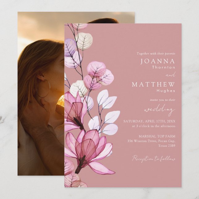 Transparent Floral Photo Dusty Rose Wedding Invitation (Front/Back)