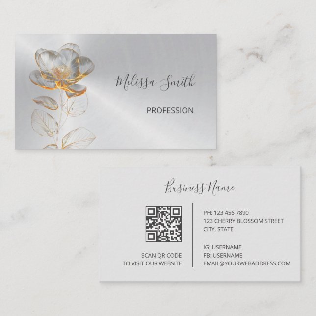 Transparent Gold Flower Silver Business Card (Front/Back)