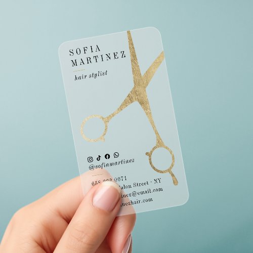 Transparent Gold Foil Hair Stylist Scissors Logo Clear Business Cards