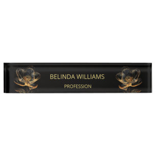 Transparent Gold Roses Black Desk Name Plate