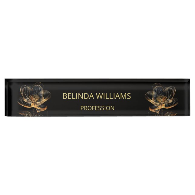 Transparent Gold Roses Black Desk Name Plate (Front)