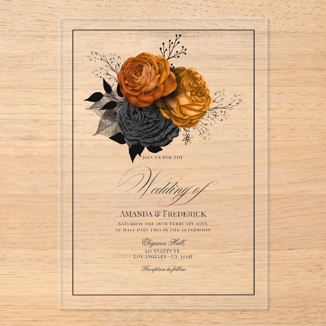 Transparent Gothic Orange and Black Floral Wedding Acrylic Invitations (Front)