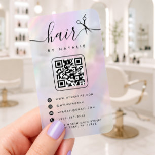 Transparent holographic hair stylist clear QR code Business Cards