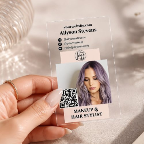 Transparent Makeup Artist Photo QR Social Media Clear Business Cards