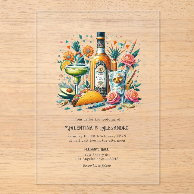 Transparent Mexican Fiesta Tequila & Tacos Wedding Acrylic Invitations (Front)