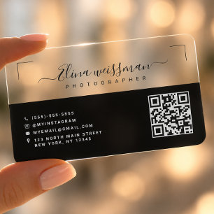 Transparent Modern Typography black QR code Clear Business Cards