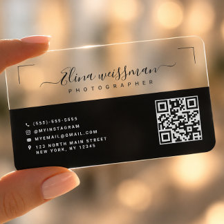 Transparent Modern Typography black QR code Clear Business Cards