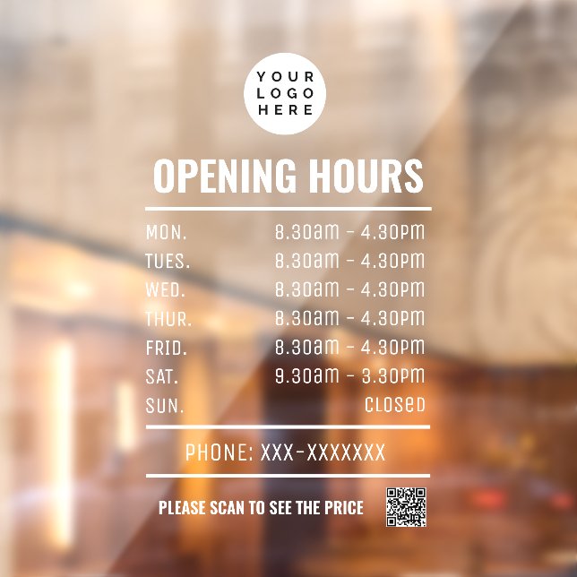 Transparent Opening Times With qr code Window Cling (Sheet 2)
