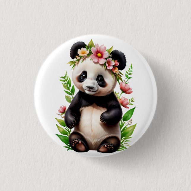 Transparent Panda Bear With Flowers Button (Front)