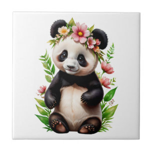 Transparent Panda Bear With Flowers Ceramic Tile