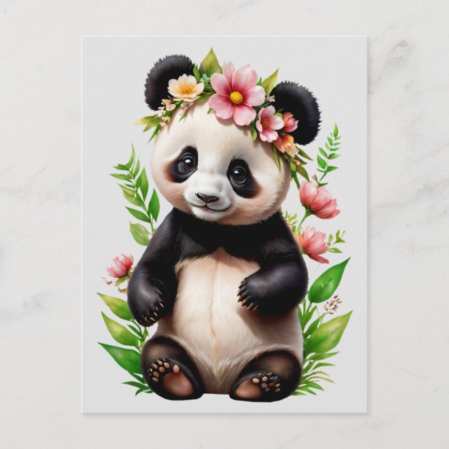 Transparent Panda Bear With Flowers Postcard (Front)