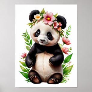 Transparent Panda Bear With Flowers Poster