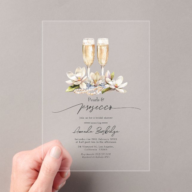 Transparent Pearls and Prosecco Bridal Shower Acrylic Invitations (Insitu (Handheld))