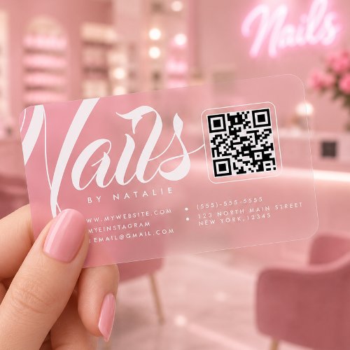 Transparent Pink gradient nail salon clear QR code Business Cards