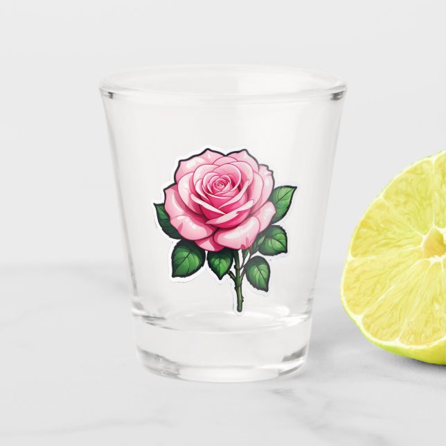 Transparent Pink Rose Flower Sticker Shot Glass (Front)