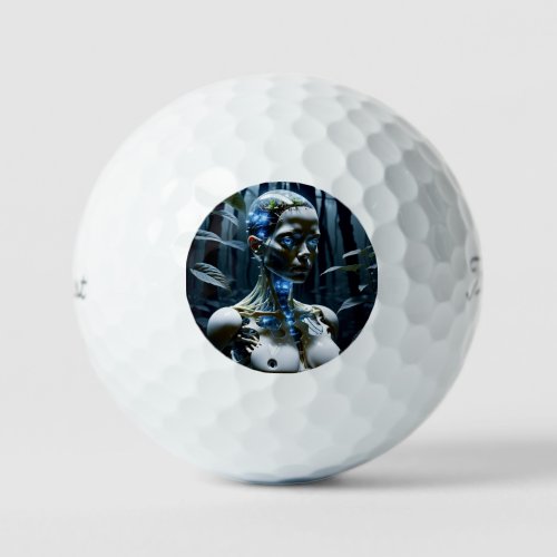 Transparent porcelain android looking at viewer golf balls