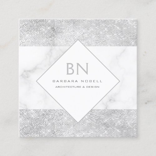 Transparent Shimmer Silver Marble Monogram Square Business Card