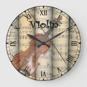 Transparent Violin ~ Rolled Vintage Sheet Music ~ Large Clock