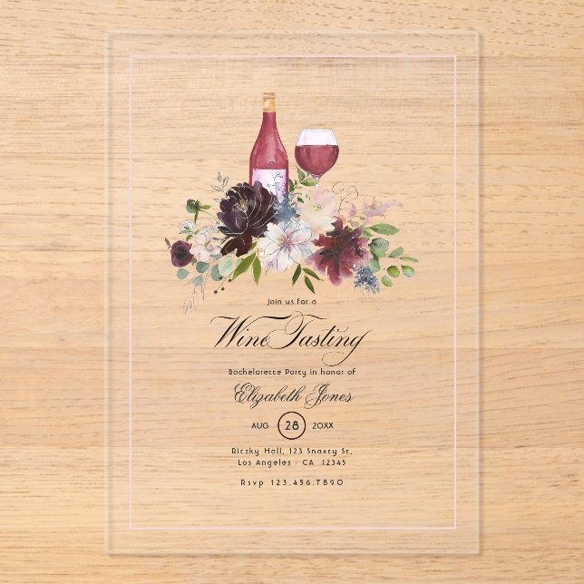 Transparent Wine Tasting Bachelorette Party Acrylic Invitations (Front)