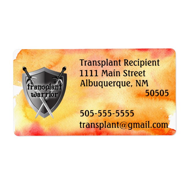 Transplant warrior shield address label (Front)