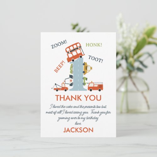Transport 1st Birthday Welcome Thank You Card