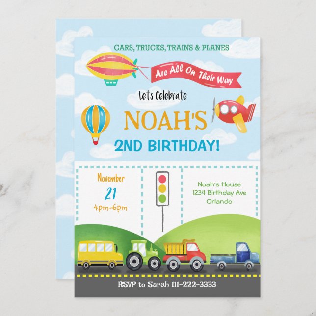 Transport Airplane Bus Balloon Birthday Invitation (Front/Back)