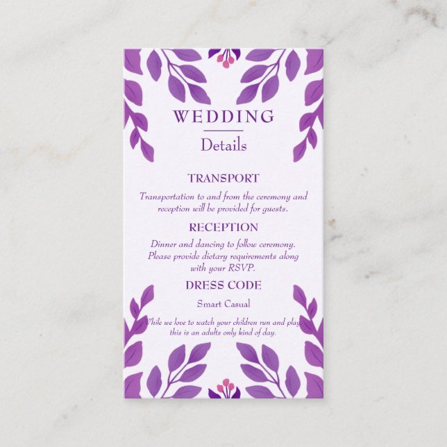 Transport, Dress Code & Reception Details Enclosure Card (Front)