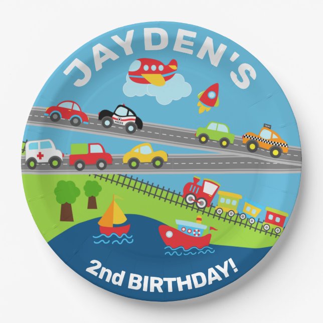 Transport vehicles boy birthday editable plate. paper plates (Front)