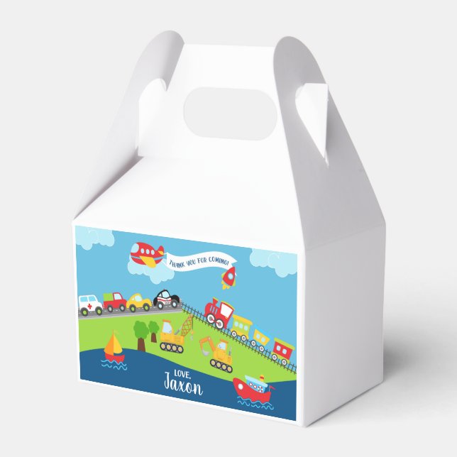 Transport vehicles boy birthday favor box. boxes (Front Side)
