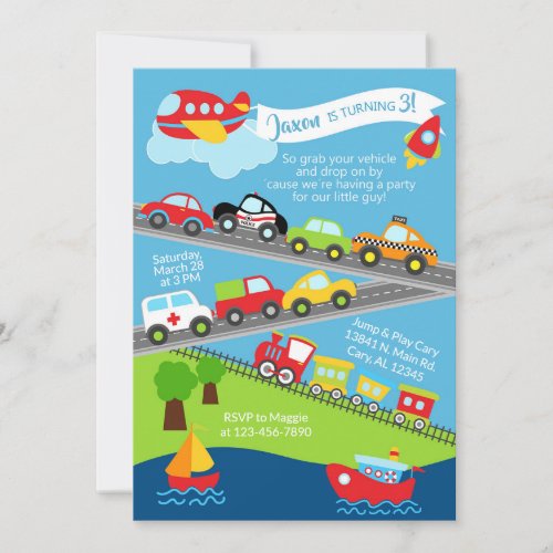 Transport vehicles boy birthday invitation invitation