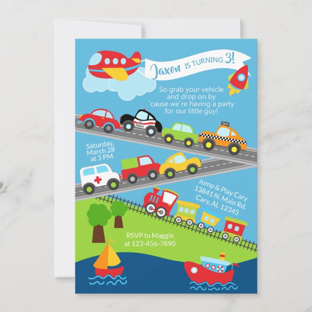Transport vehicles boy birthday invitation. invitation (Front)