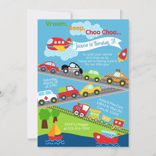 Transport vehicles boy birthday invitation. invitation (Front)