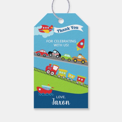 Transport vehicles boy birthday thank you tag gift tags
