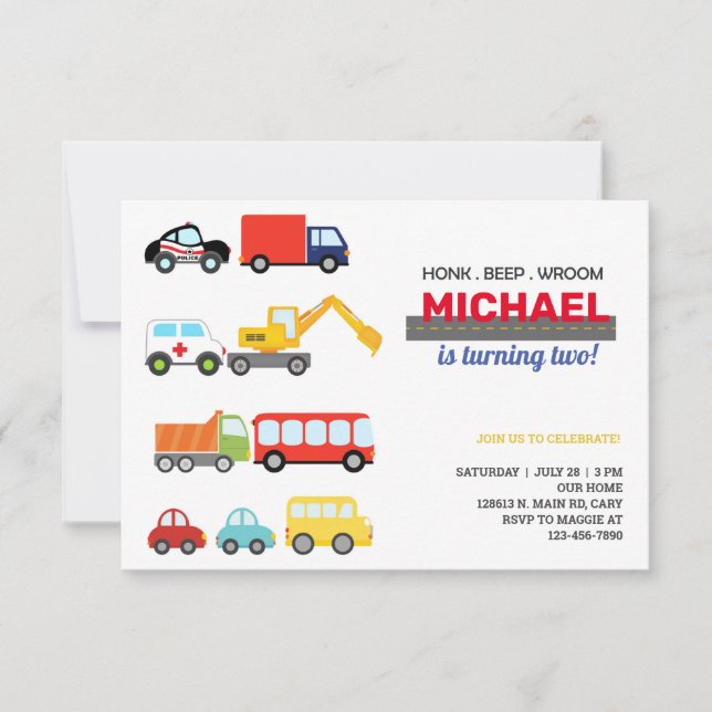 Transport vehicles, cars & trucks, boy birthday. invitation (Front)