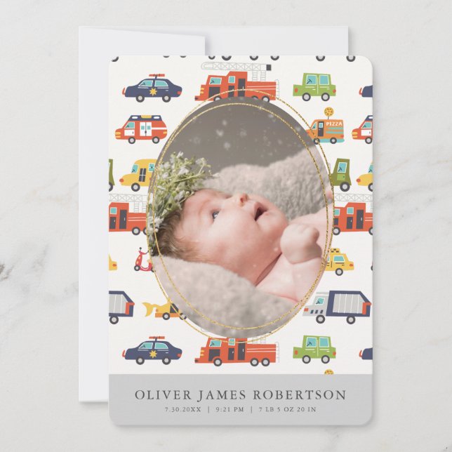 Transportatioin City Cars Boy Birth Announcement (Front)