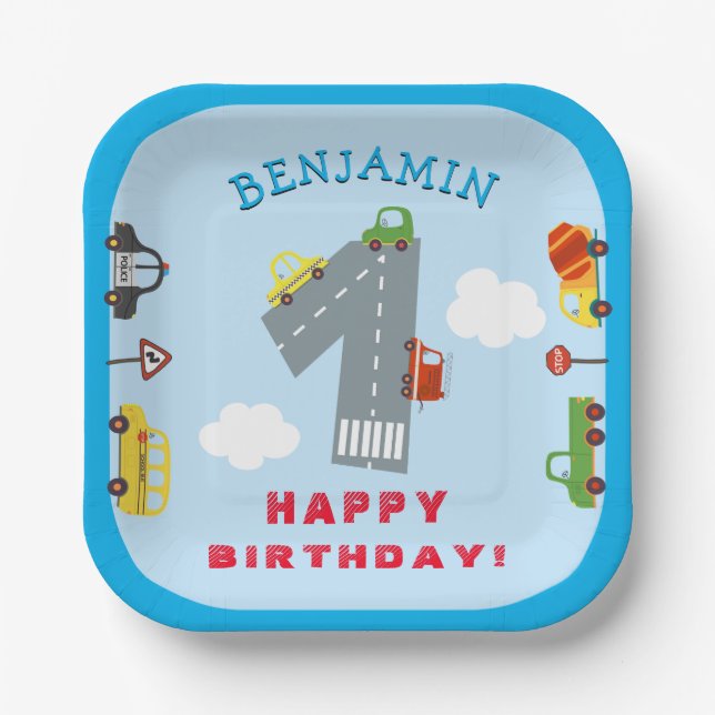 Transportation 1st Birthday Party Paper Plates (Front)