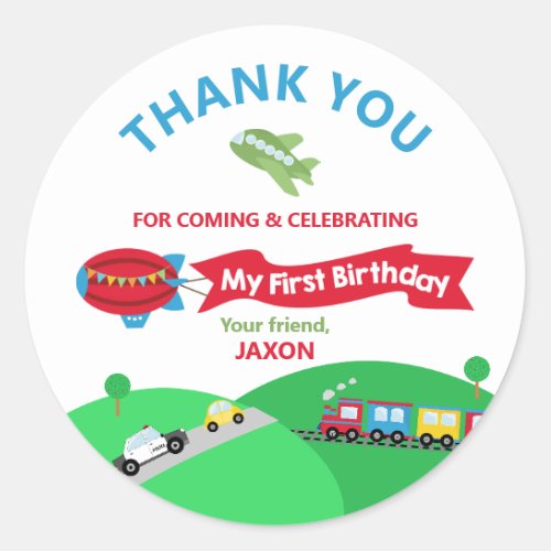 Transportation 1st Birthday Party Thank You Favor Classic Round Sticker