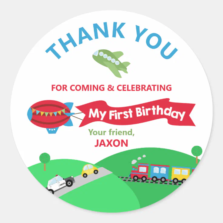 Transportation 1st Birthday Party Thank You Favor Classic Round Sticker |  Zazzle