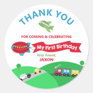 Transportation 1st Birthday Party Thank You Favor Classic Round Sticker