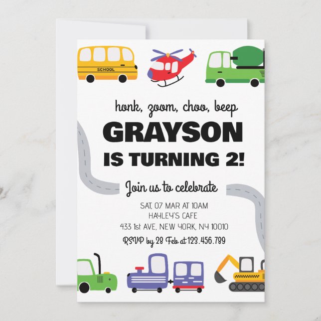 Transportation 2nd Birthday Invitation for Boy (Front)