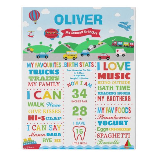 Transportation 2nd Birthday Milestone Birth Stats Faux Canvas Print