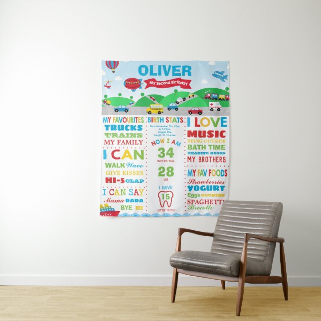 Transportation 2nd Birthday Milestone Birth Stats Tapestry (In Situ)