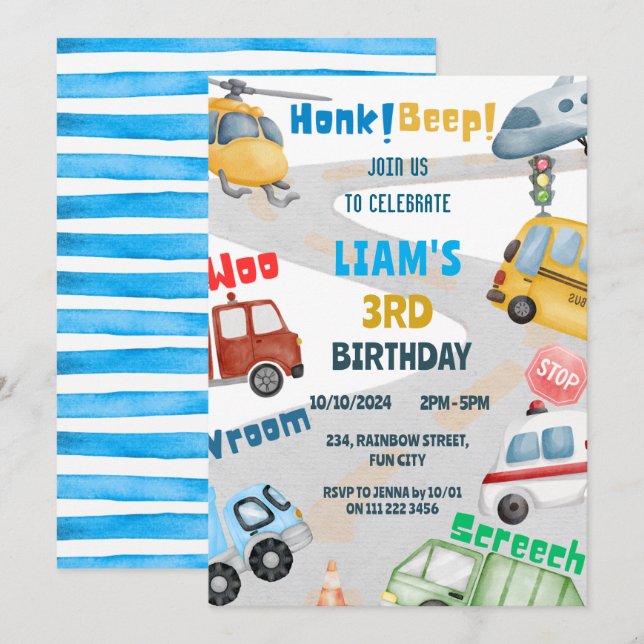 Transportation Airplane Helicopter Bus Birthday Invitation (Front/Back)