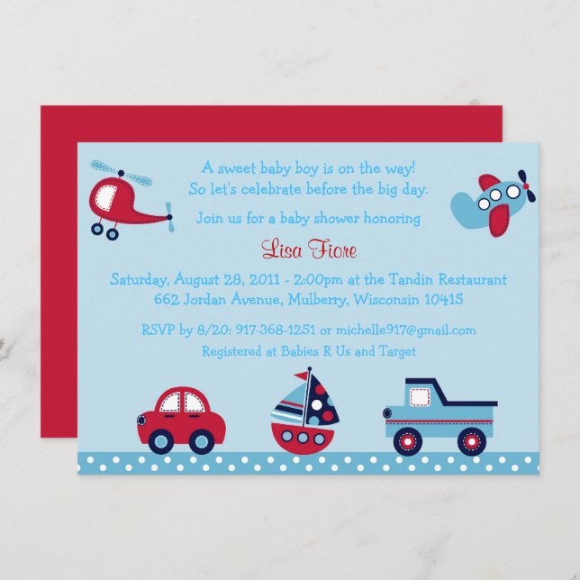 Transportation Baby Shower Car Truck Airplane Invitation (Front/Back)