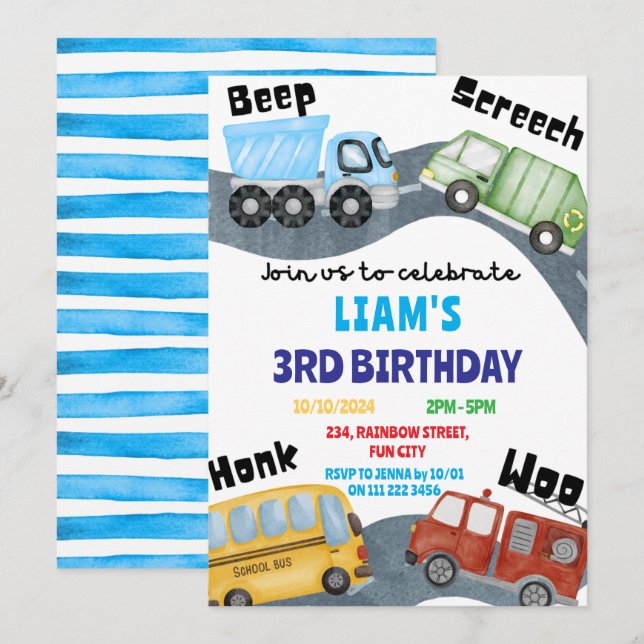 Transportation Beep Screech Woo Boy Blue Birthday Invitation (Front/Back)