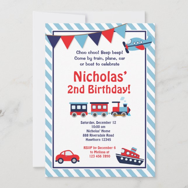 Transportation Birthday Invitation / Train Invite (Front)