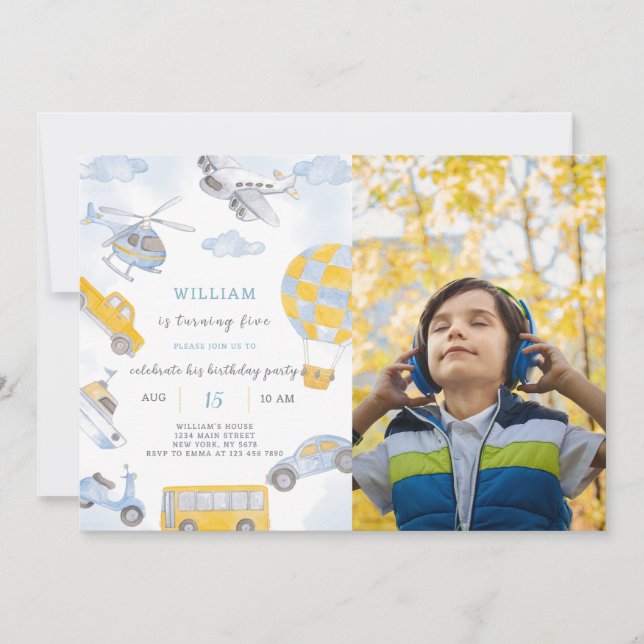 Transportation Birthday Invitation With Photo (Front)