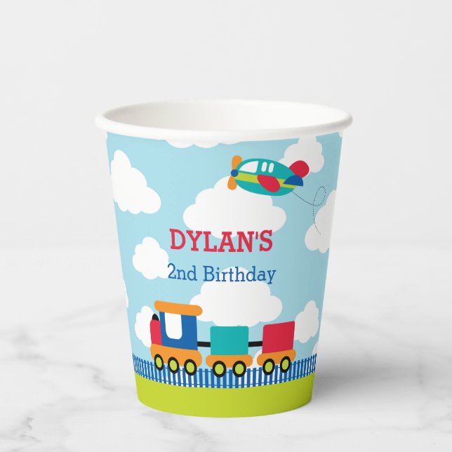 Transportation Birthday Paper Cups Boy Train Plane (Front)