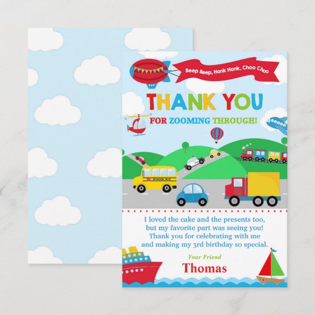 Transportation Birthday Party Thank You Card (Front/Back)