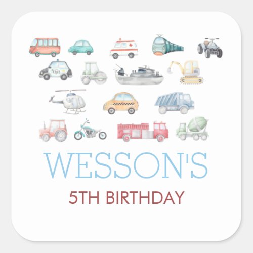 Transportation Birthday sticker Classic Round Sti Square Sticker